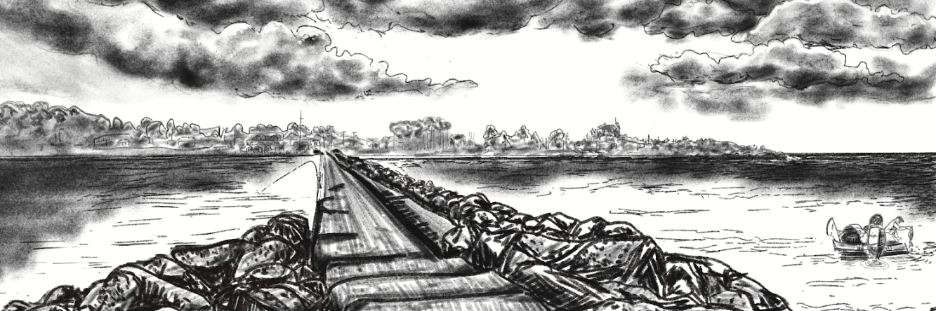 Image Description Begins - A panoramic pencil sketch captures the view from the end of the breakwall pier looking back towards land. The large rocks are piled to either side of the smooth concrete path that ends at some buildings on shore representing the U.S. Coast Guard Station. Along the shoreline to the right, the rocky point hosts the Lighthouse and trees. Along the breakwall a fisherman casts a line off the left side and a small fishing boat is anchored off of the right side of the breakwall structure. A fisherman holds a recently caught fish over the side of the boat. - Image description ends