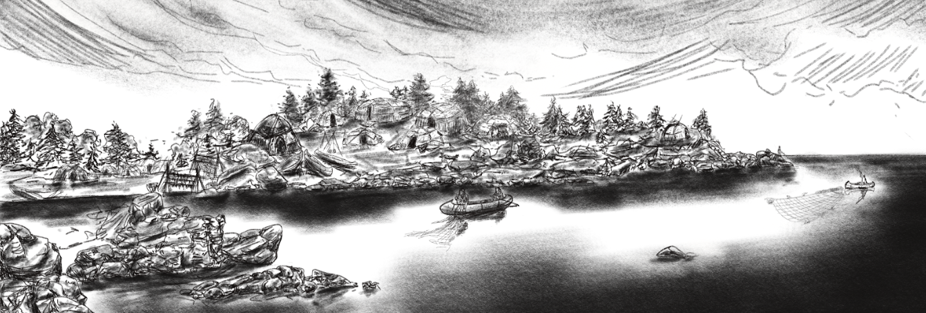 Image Description Begins - A panoramic landscape pencil sketch depicts the rocky point that juts out into Lake Superior. Wigwams are nestled among pine trees and large rocks with canoes and fish drying racks near the shoreline. Out in the water two Anishinaabe fishermen cast a net from a canoe, and another canoe with a set net is further offshore. At the very end of the point a small person casts a line into the water - End of Image Description