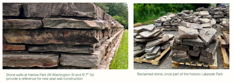 Stone walls at Harlow Park (W Washington St and N 7th St) provide a reference for new seat wall construction and Reclaimed stone, once part of the historic Lakeside Park